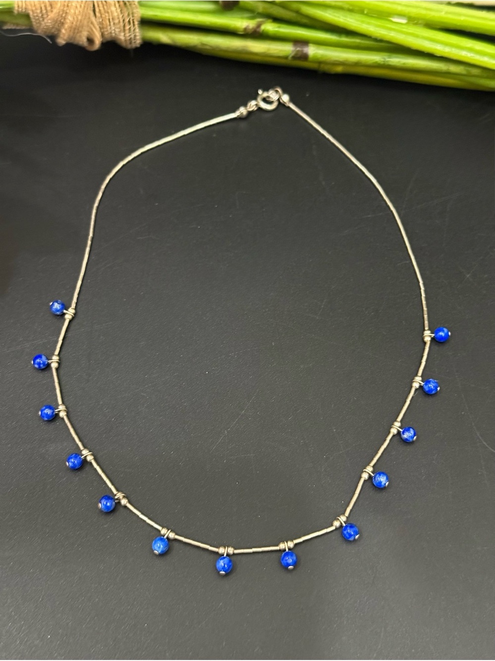 Vintage Sterling Liquid Silver Lapis Lazuli Beaded Necklace